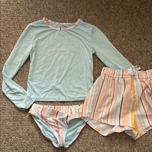 Roxy Mint Long-Sleeve Rash Guard with Pastel Striped Shorts & Bikini
